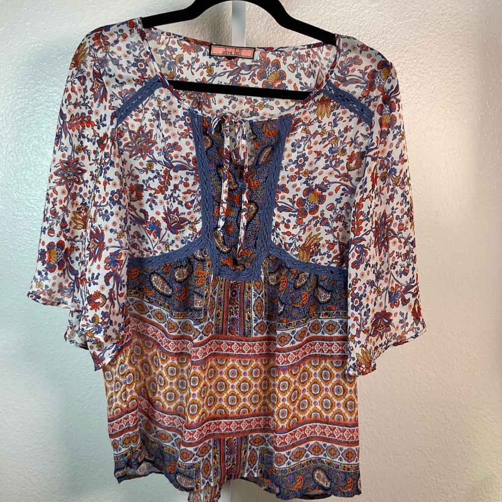 Olive Hill Floral Blouse Bell Sleeve Bohemian Top Lace Trim Women's L